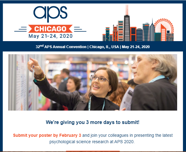 SIOPatAPS's tweet photo. The deadline for #aps20chi has been extended! Make sure that you submit by tomorrow! https://t.co/xVB6Z1BdHR #psychology #superbowlsunday #IOpsych #peopleanalytics @psychscience https://t.co/H9O0r1TIJ4