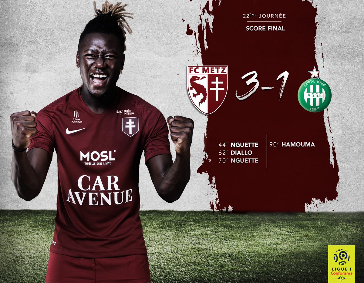 FCMetz's tweet photo. C'est terminé à Saint-Symphorien. Le #FCMetz s'offre l'@ASSEofficiel (3-1) grâce à une énorme prestation collective et enchaîne une troisième victoire de rang ! 😍😍  

3⃣ - 1⃣ #FCMASSE https://t.co/gqG93bE3rr