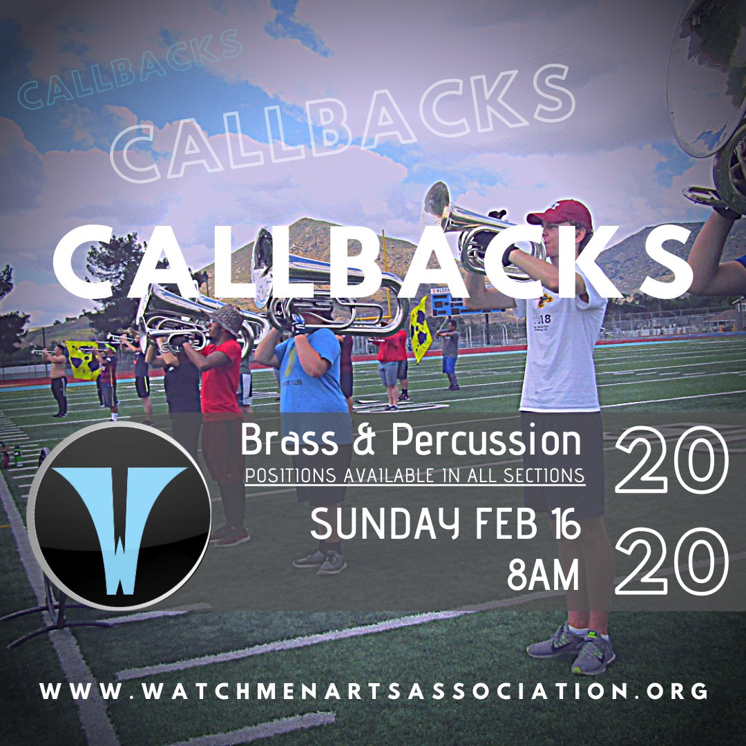 WatchmenArts's tweet photo. Callbacks  for Brass &amp; Percussion - Feb 16th
Position Available in All Position, including Drum Major
Sign up Today - Watchmen 2020 https://t.co/j4dhbCBGGh

#dci #dciopen #dci2020 #getbanded #brass #percussion #colorguard #growdrumcorps #itsagreatdaytobeawatchmen #udb https://t.co/WbCjsPHuOx
