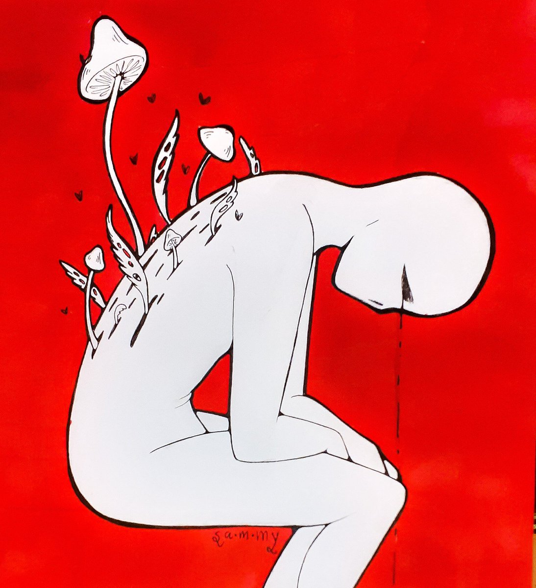 A drawing of a humanoid white being hunched over with their arms resting on their thighs. Out of there back there are mushrooms growing doem black holes and their eyes are black, with a steady stream of black liquid seeping out of it