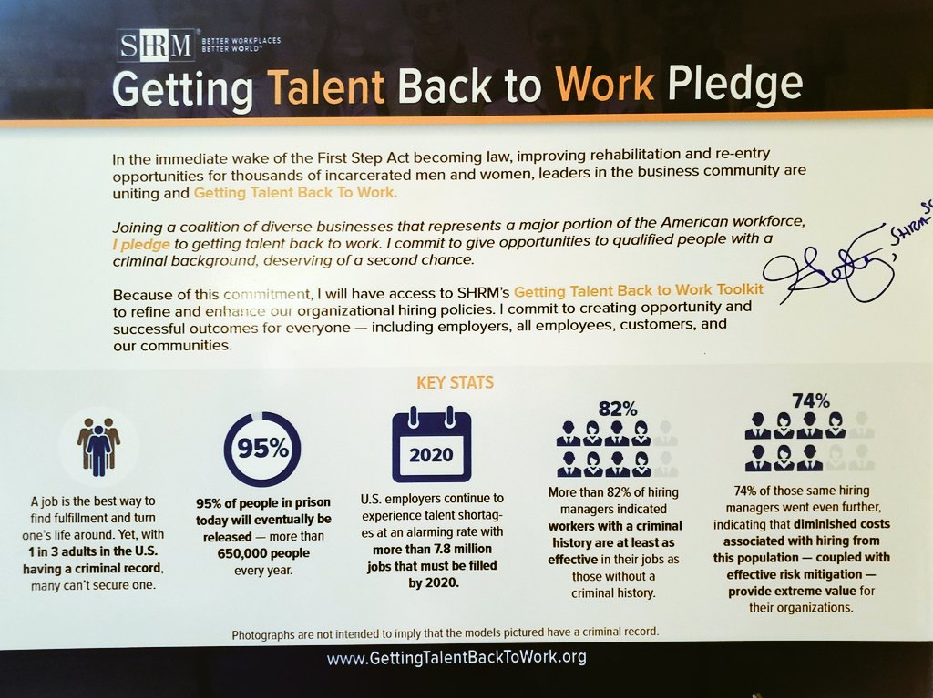 LA_SHRM's tweet photo. Attendees of the Louisiana SHRM Diversity & Inclusion Summit took the pledge to get talent back to work. The formerly incarcerated who have served their time should not be “re-sentenced” by employers @SHRM #GettingTalentBackToWork #LASHRMDiv @SHRMPress https://t.co/Efg2G4Y5tq https://t.co/7MEXuOQCKq