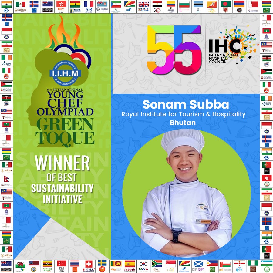 IHC_Hospitality's tweet photo. The winner of Best Sustainability Initiative is Sonam Subba from Royal Institute for Tourism &amp; Hospitality!!! Many, many congratulations Sonam! 

@tourismbhutan
@ycolympiad
@IHC_Hospitality

 #Winner #SustainabilityWinner #YCO #YCO2020Winner #IIHM #YoungChef #Bhutan https://t.co/KFmVN0buEQ