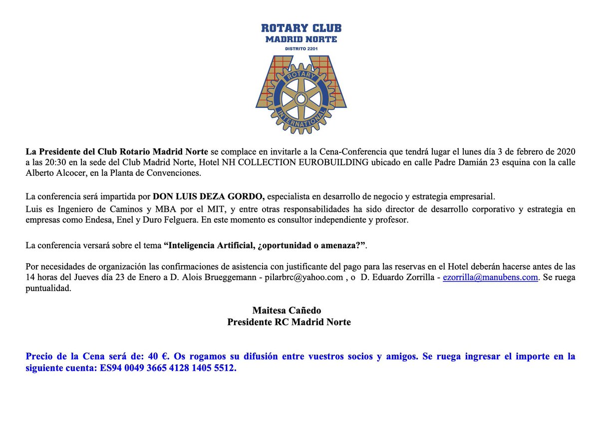 rotary2201's tweet photo. Nos encantaría que asistierais a la Conferencia de D. Luis Deza sobre Inteligencia artificial ¿oportunidad o amenaza? #inteligenciaartificial #rotaryinternational #rotaryclub #rotario #clubrotario #rotaryclub  #clubrotariomadridnorte https://t.co/dTo6er2hwa