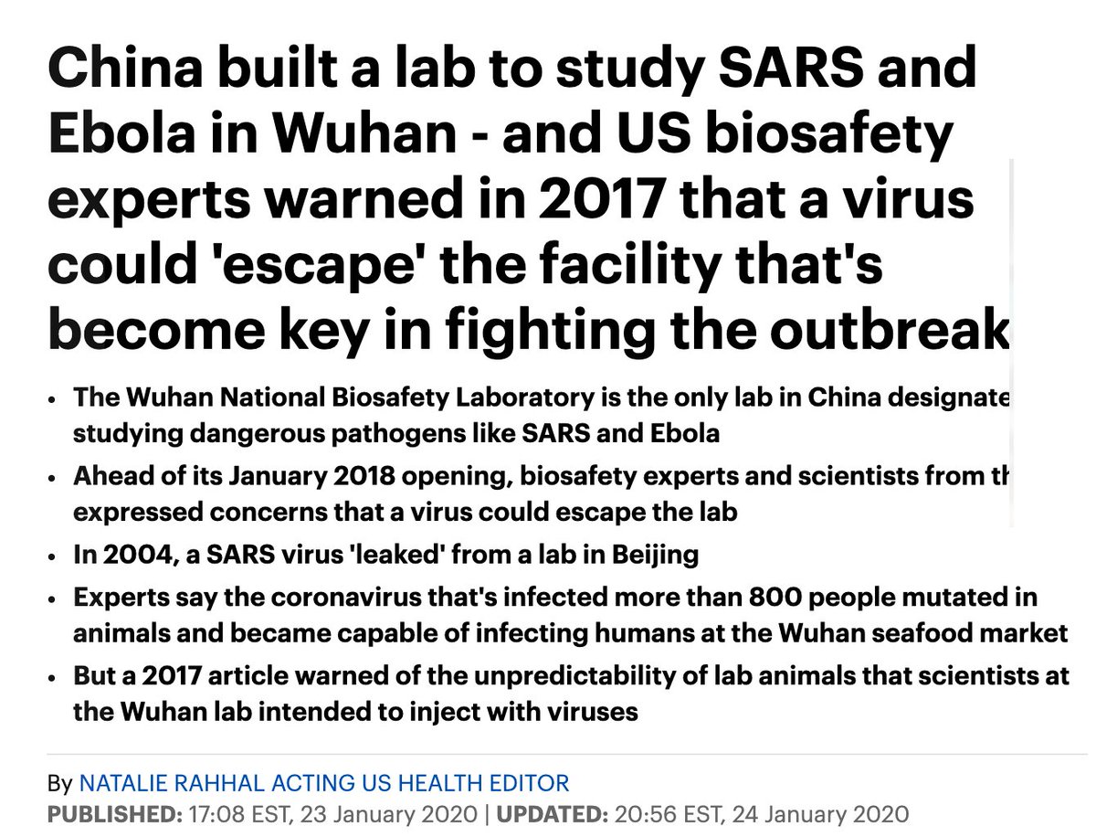 41. Do you believe in coincidences? A  #coronavirus deep dive: One of 4 Chinese laboratories engaged in bioweapons development was located in  #Wuhan 8.6 miles from epicenter of the outbreak. The weapons lab was researching  #SARS  #corona funded by NIH & DOD  https://archive.fo/kMl5m 