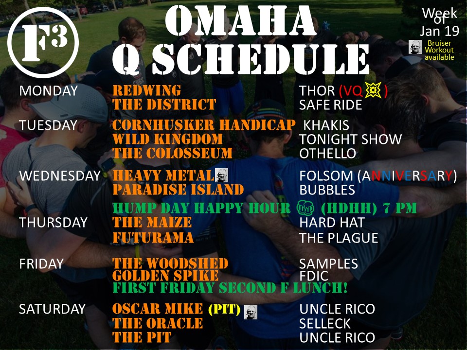 F3Omaha's tweet image. Schedule:
💥VQ Alert: Thor @gkrollpro at @F3_RedWings 

🎂 Anniversary Workout at 🤟 @F3Heavy with Folsom @TheStove54 

🍽️#FirstFriday #SecondF Lunch at @WestroadsMall @FlagshipCommons