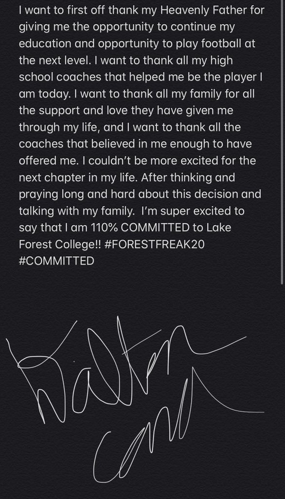 CardDalton's tweet photo. I can’t wait for the next chapter in my life. With that being said I am 110% COMMITTED to Lake Forest College. #FORESTFREAK20 @LFC_FOOTBALL @CasteelFootball @ISWEATGREATNESS @CodyTCameron https://t.co/Ijgiyg8tC7