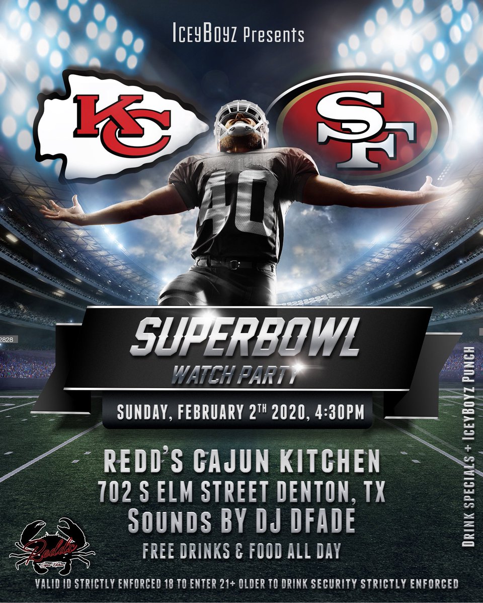 Super Bowl watch party 🎉 🏈 

•Pull up to <a href="/cajunredds/">Redd's Cajun Kitchen</a> kitchen today at 4:30.

•Sounds by me 🔊

*Free food plus drinks*