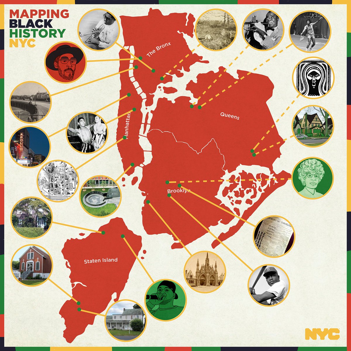 A graphic showing a map of New York City with markers throughout the city showing significant locations.