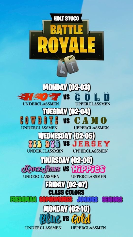 The Battle Royale begins tomorrow! Underclassmen come in ALL RED and Upperclassmen come in ALL BLUE! Let’s see who will have the most spirit... 🤩🎉