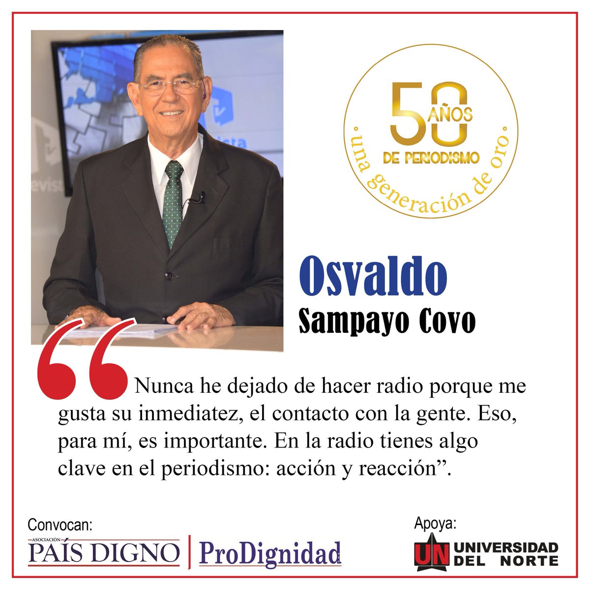 CiudadPaz_co's tweet photo. #GeneraciónDeOro | Homenaje a 24 periodistas #CostaCaribe | 7 de febrero | @UninorteCO
@paisdigno y #ProDignidad reconocen compromiso con deber de informar.
Osvaldo Sampayo Covo -@noticiasyabq-, nacido en Barranquilla, inició su carrera profesional -hace 53 años- en Radio Minuto. https://t.co/Uum1j5cLgr