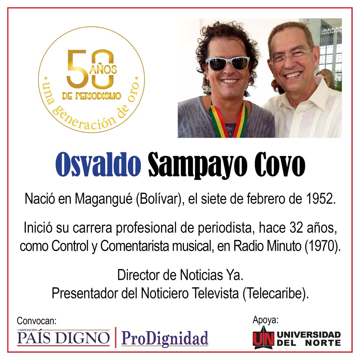 CiudadPaz_co's tweet photo. #GeneraciónDeOro | Homenaje a 24 periodistas #CostaCaribe | 7 de febrero | @UninorteCO
@paisdigno y #ProDignidad reconocen compromiso con deber de informar.
Osvaldo Sampayo Covo -@noticiasyabq-, nacido en Barranquilla, inició su carrera profesional -hace 53 años- en Radio Minuto. https://t.co/Uum1j5cLgr