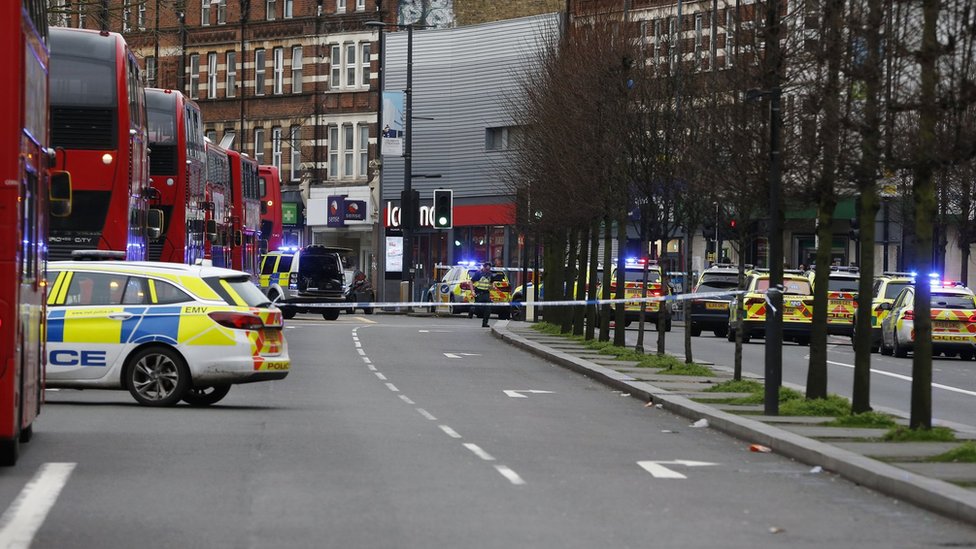 Police and emergency on the scene of an incident in Streatham on 2 February 2020
