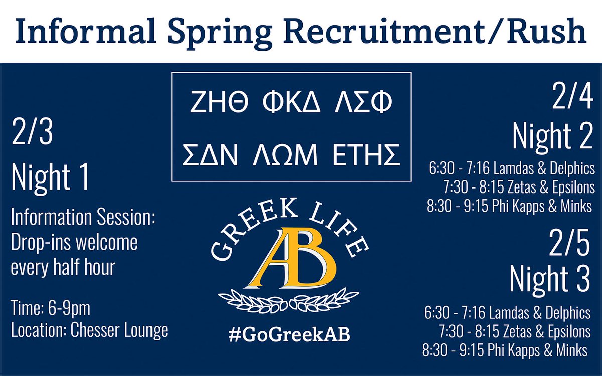 Sigma_Delta_Nu's tweet photo. If you want to be apart of Greek Life here at AB, stop by and see what the Delphics are all about! Times and locations posted below! https://t.co/4XJ1yOlTaa