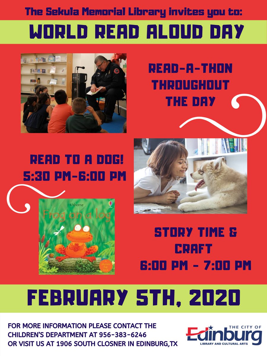 Let's get loud! Mark your calendars and joins us,  Wednesday, February 5th for "World Read Aloud Day"!📖 The Fun begins at 5:30! We'll see you at the library 📚📚