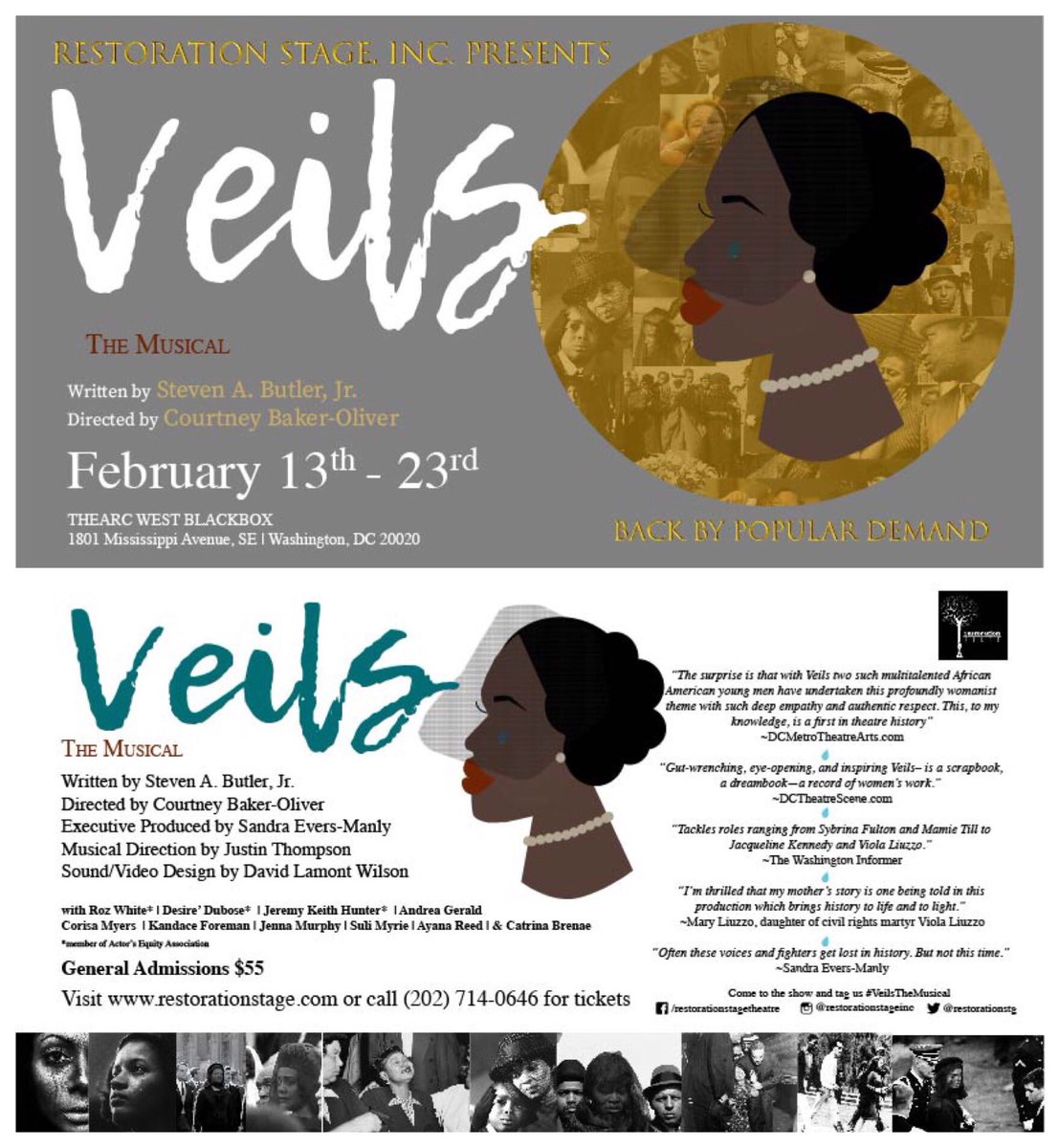 RestorationStg's tweet photo. #WashingtonDC, from February 13th thru February 23rd you have one last chance to see “#VeilsTheMusical” before it heads to #LA!  Get tickets at https://t.co/s5fSl8AWoZ #restorationstage #sandraeversmanly #BHERC #StevenAButlerJr #BlackTheatre #DMVevents #VeilsTheMusicalLA https://t.co/0kP6cmMVR3