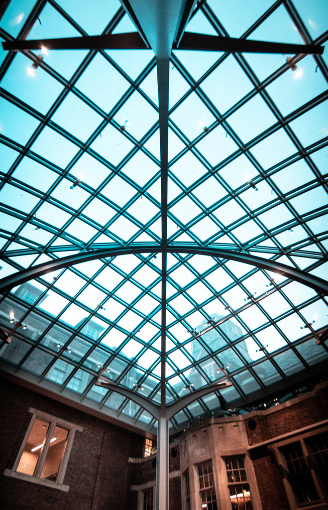 Photo of the glass skylights above the Union's indoor courtyard.