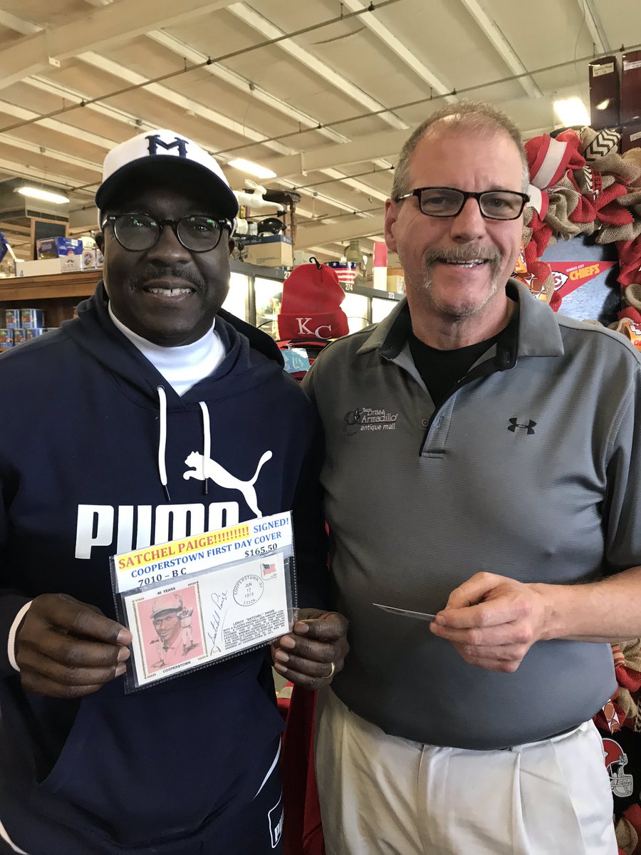 nlbmprez's tweet photo. Thanks to @RicheyMizzou, who let me know about this cool Satchel Paige signed piece at the Brass Armadillo Antique Store, Ol Satch is coming home to the NLBM! Thanks to store mgr., Bruce Leimkuehler, &amp; his team, for their enthusiastic assistance! @JPosnanski @MLB @Royals @KCMO RT https://t.co/RkZArC3yzq