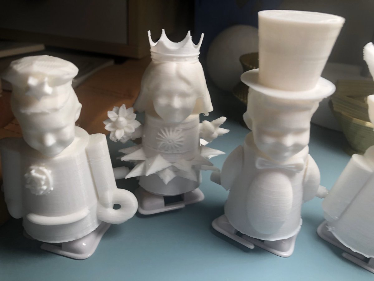 I spent the weekend 3D printing my Ss’ windup toys &amp; there’s more to go. Each toy is topped with the Ss’ face and was designed to appeal to a kindergarten audience. It must be recognizable, creative, durable, &amp; sturdy. #STEAM