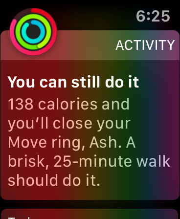 Screenshot from my Apple Watch. It’s a push notification titled “You can still do it” and it describes how I have 138 remaining calories to burn until my daily goal, a brisk 25-minute walk it is encouraging me to do. 