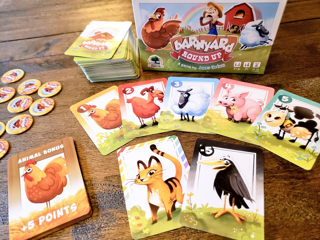 CohortVIIIGames's tweet photo. Our 4 year old daughter now wants to play #BarnyardRoundUp all the time. We brought it over to teach friends and got in 2 6P games. Much crazier & harder to get many of any critter at 6. I managed 1 set to win the 2nd game but our friend crushed us all by over 40pts in the 1st. https://t.co/Ens5jsrvS4