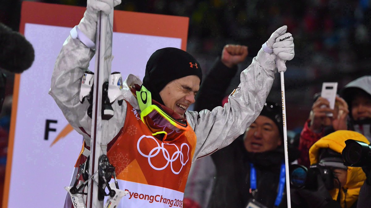 Mikaël Kingsbury réagit après avoir gagné l'or à PyeongChang 2018.