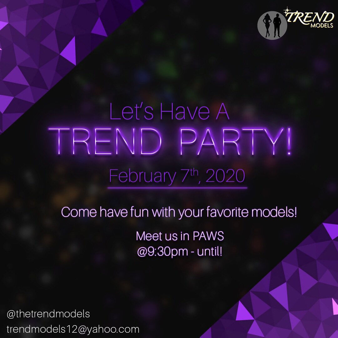 TREND MODELS (@thetrendmodels) on Twitter photo End TREND Week with a bang! Join <a href="/thetrendmodels/">TREND MODELS</a> at PAWS on Friday, February 7th at 9:30 for a party to kick off the semester! Come for fun, and stay til the end of the night, when we will be introducing our newest TREND models! End TREND Week with a bang! Join <a href="/thetrendmodels/">TREND MODELS</a> at PAWS on Friday, February 7th at 9:30 for a party to kick off the semester! Come for fun, and stay til the end of the night, when we will be introducing our newest TREND models!
