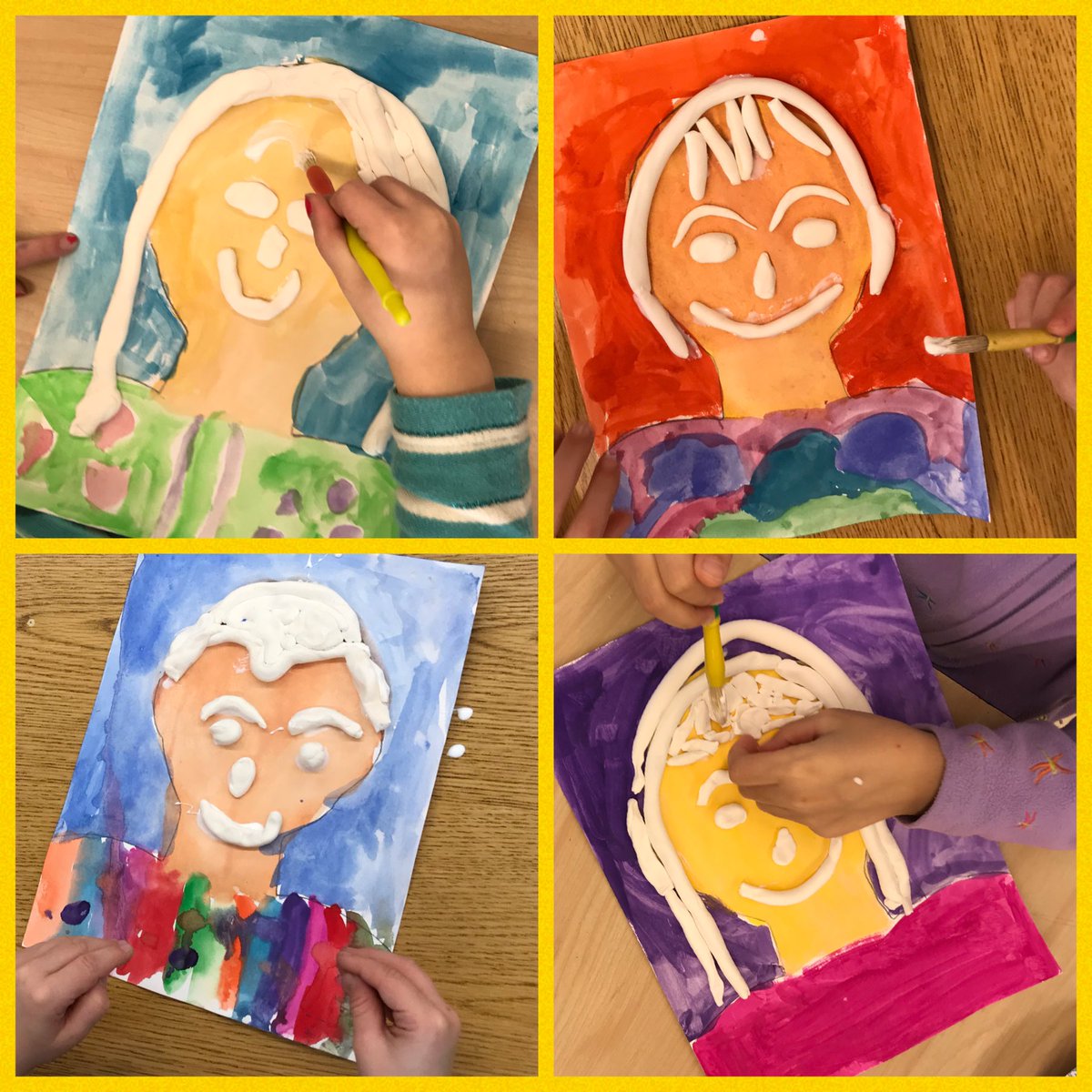 WSS G1 creating self-portaits in relief. Ss learn to mix their skin color and make clay coils before adding hair and facial features. Ss are so excited to paint their clay details next art class! #wpsk12