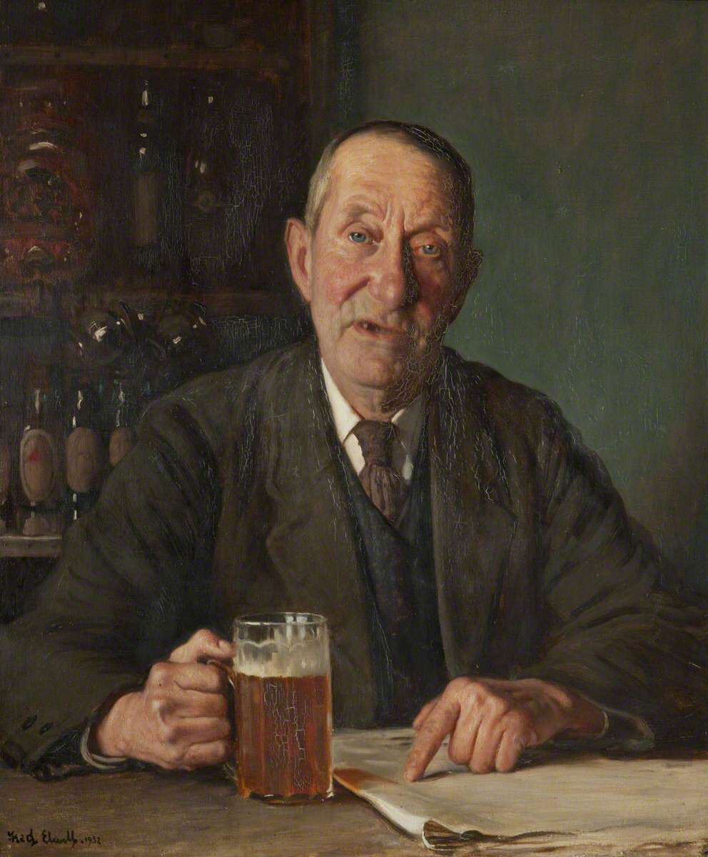 A man with a pint (1932) by Fred Elwell (UK, 1870-1958). #Beer