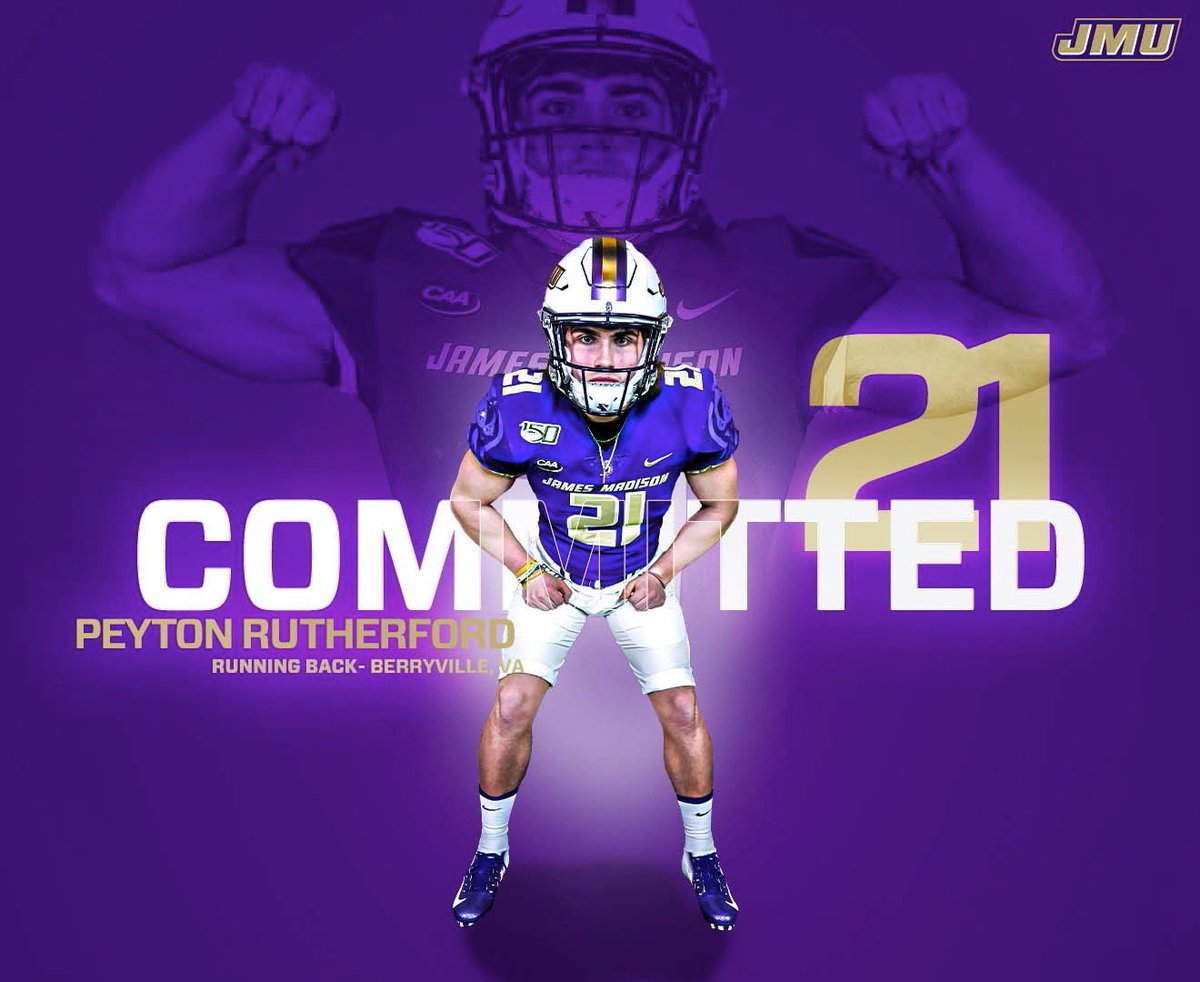 Rutherfo1Peyton's tweet photo. Committed!!! Thank you for this opportunity @CoachShanahan_ @CoachMerrittJMU @JMUCurtCignetti @cjhetherman @BrianPhillips13 @CoachShaneMonty @ClarkeCoFB can’t wait to get to work! https://t.co/tQQEZuWpGs