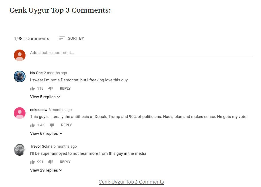 PerlebachStefan's tweet photo. “If a dude can unite a Youtube comment section, he can unite a country.”

That is why #YangUnitesAmerica

See 6 comment sections below:

interview with @cenkuygur - Top 3 comments: https://t.co/hinAOXFgGo