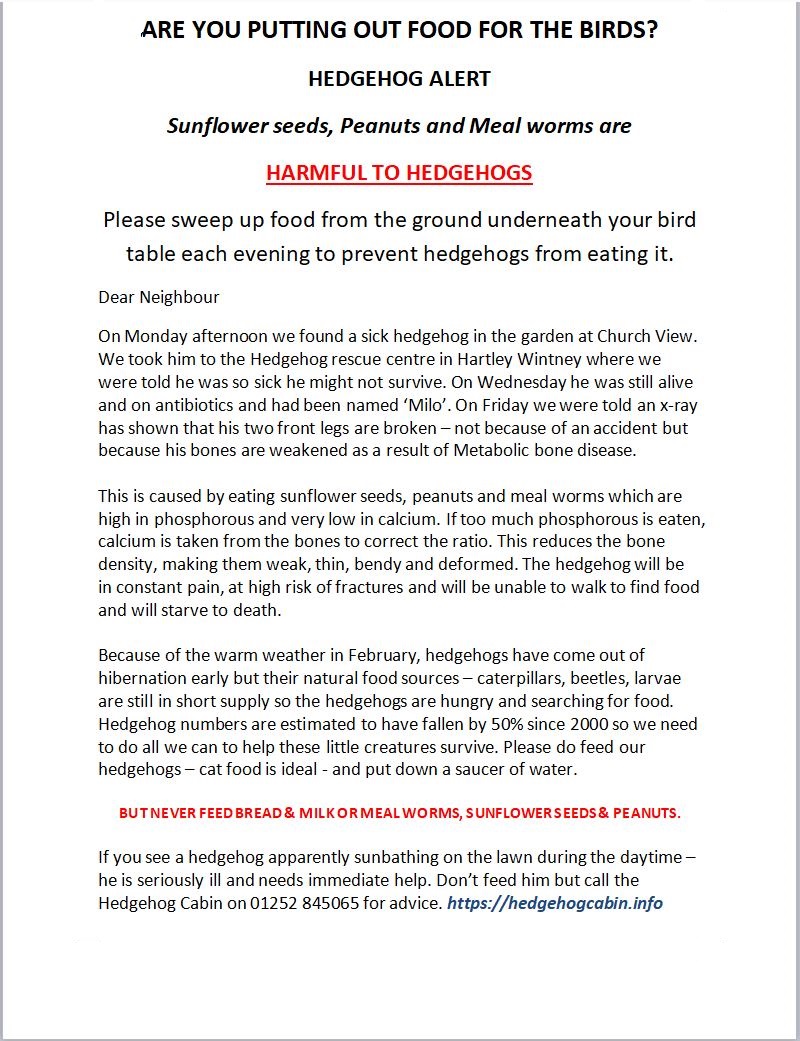 3. His finder was devasted. She had no idea that bird food was so harmful to hedgehogs. She wrote this notice, made several copies and posted them through letterboxes all around the neighbourhood, warning others.