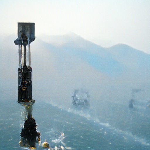 An obelisk tower sits atop a billowing sea during a clear noon day.