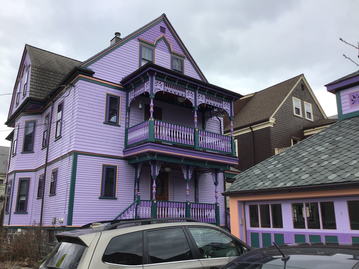 The back and garage of a purple exterior house