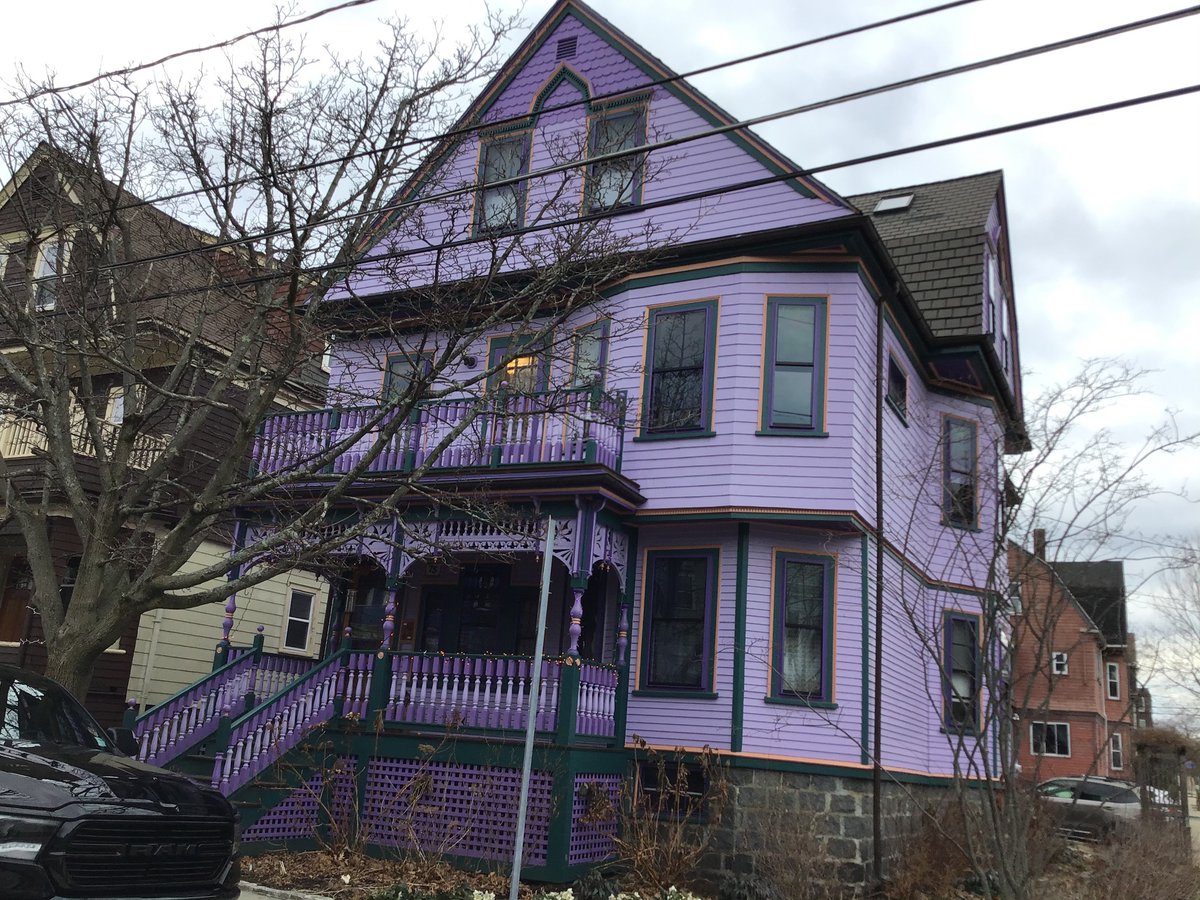 The front of a purple exterior house