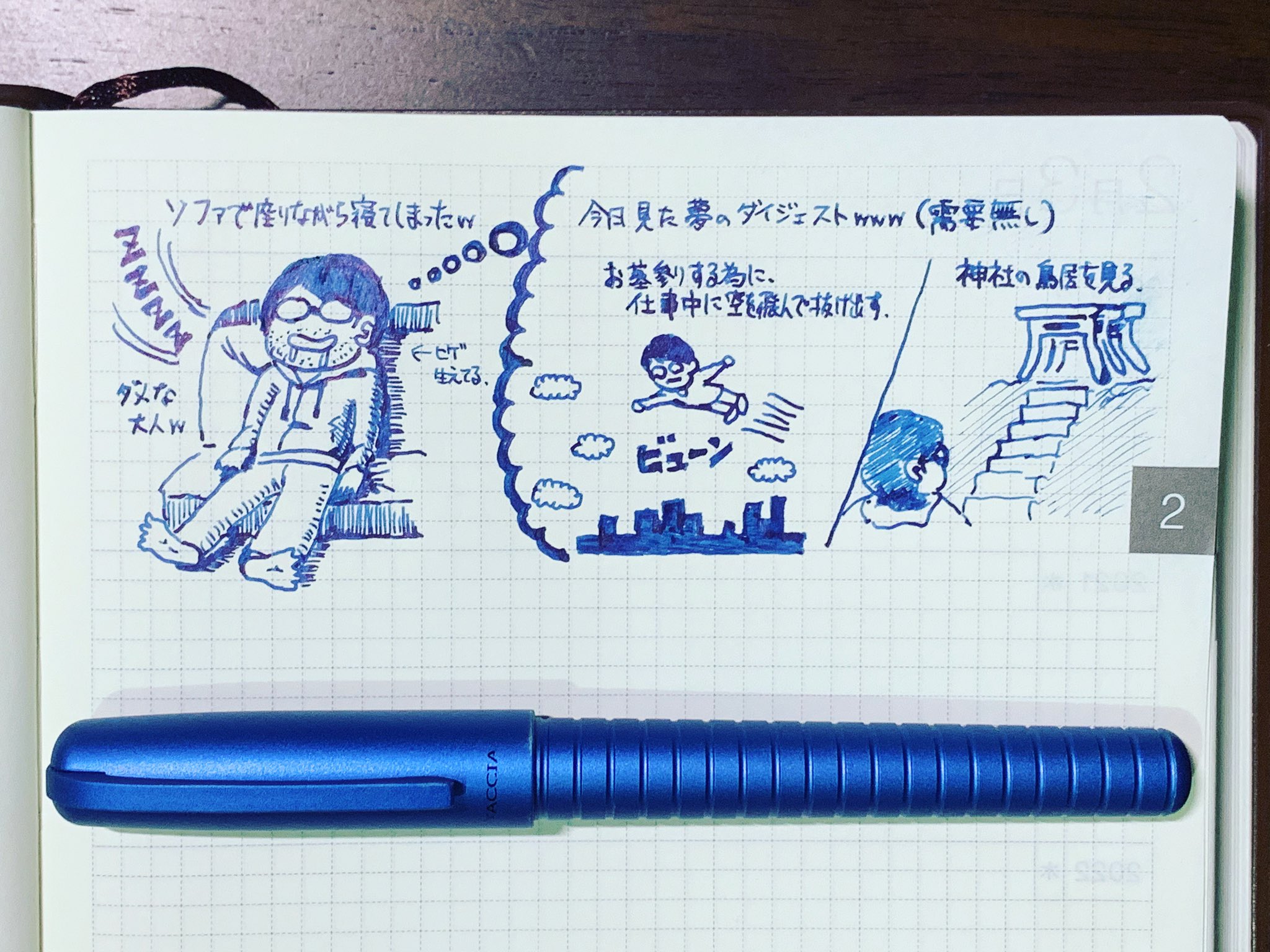 スエヒロ ダン らくがき 万年筆インク 万年筆イラスト 絵日記 イラスト Illustration Daily Fountainpen 手描きイラスト 手書き文章 万年筆 セーラー万年筆 昼寝 Taccia 浮世絵インク 濃藍 ほのぼの 日常 T Co Erm28tneef