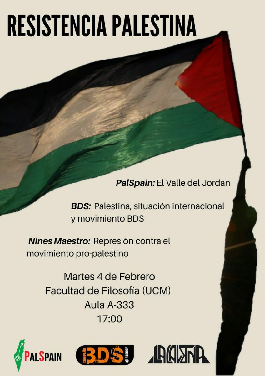 Continuamos con más solidaridad y defensa de los Derechos Humanos para Palestina. El día 4 de febrero contaremos con <a href="/PNinesPalestina/">Plataforma Apoyo Nines y Palestina</a> Nines Maestro, presentación de la campaña de #BDS y <a href="/PalSpainOficial/">PalSpain 🇵🇸</a>. Facultad de Filosofía (UCM)! #FreePalestine