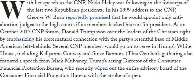 Less than a week before her resignation, Nikki Haley made a speech before the Council for National Policy. Haley’s appearance before the  #CNP was structured like a campaign fund-raiser, opening with a prepared stump-style speech  https://harpers.org/blog/2018/10/nikki-haley-at-the-council-for-national-policy/