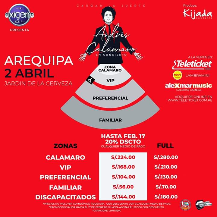 KijadaConcerts's tweet photo. ANDRÉS CALAMARO en Arequipa 
2 de Abril - Jardín de la Cerveza
Entradas a la venta en Teleticket de Metro Lambramani y Alexmar Music de Galerías Gamesa.
Venta OnLine aquí► https://t.co/kmwSyxFsVx
PRECIOS con el 20% DSCTO. hasta FEB.17 o agotar stock en Dscto.
#calamaroenarequipa https://t.co/s36EnJYO4K