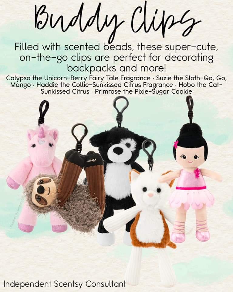 Check out our super cute buddy clips & the scents each is in! They’re only $20 each! Contact me today to order yours ♥️ #buddyclips #scented #kids #gift #fragrance #childsgift #shopscentsy #scentsy