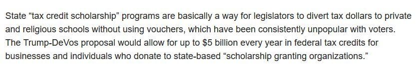 When DeVos was confirmed, the secretive right-wing Council for National Policy  #CNP had its own ambitious policy agenda for her: “a gradual, voluntary return at all levels to free-market  #privateschools,  #churchschools and  #homeschools as the normative American practice.”