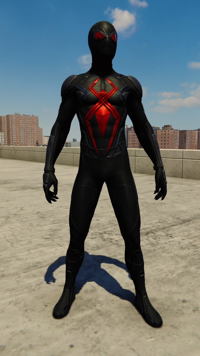 ◦ Dark Suit ◦⌁ suit power: none⌁ introduced in the comics in 2016⌁ felicia hardy gifts it to peter in the game⌁ more claws, fitting this time seeing as who gave it to him⌁ the spider logo annoys me for some reason⌁ still pretty cool