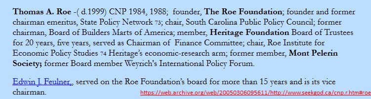 Linking the  #KochBrothers and  #CNP is Thomas A. Roe. Beginning in the 60s he helped spawn a nationwide group of state-based research institutes to promote conservative values among state policy-makers  http://watch-unto-prayer.org/charter.html . The group=State Policy Network  http://stinktanks.org 