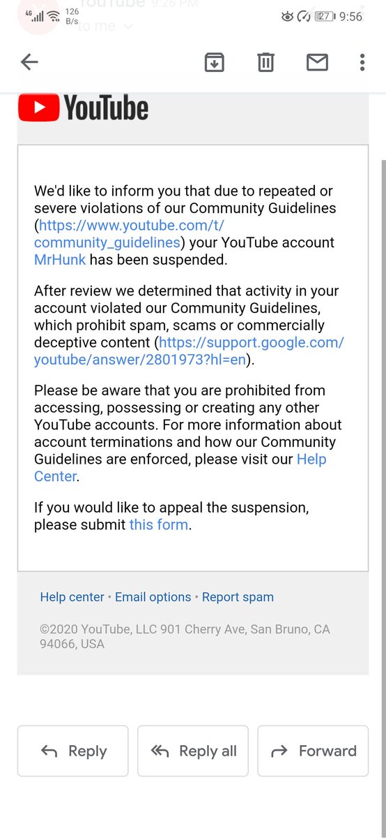 MrHunk71422728's tweet photo. My YouTube account got suspended with any strike.. What should I do? 😢😢😢
#youtubechannel
#YouTubeDOWN #YouTuber #YouTubeChannel #youtubecreator #YouTubeチャンネル登録 #youtubetv #YouTubeCOPPA https://t.co/St4Q6q9QL6