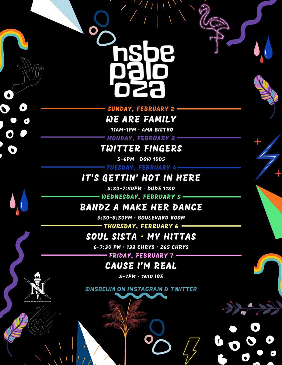 NSBEUM's tweet photo. The second event of NSBEpalooza is MONDAY! Learn how to NOT get caught up on Twitter and other social media platforms so that you can continue to #succeedprofessionally! We will also be talking about how to πΆ up your LinkedIn! #r4nsbe https://t.co/EjG5e5ixOv