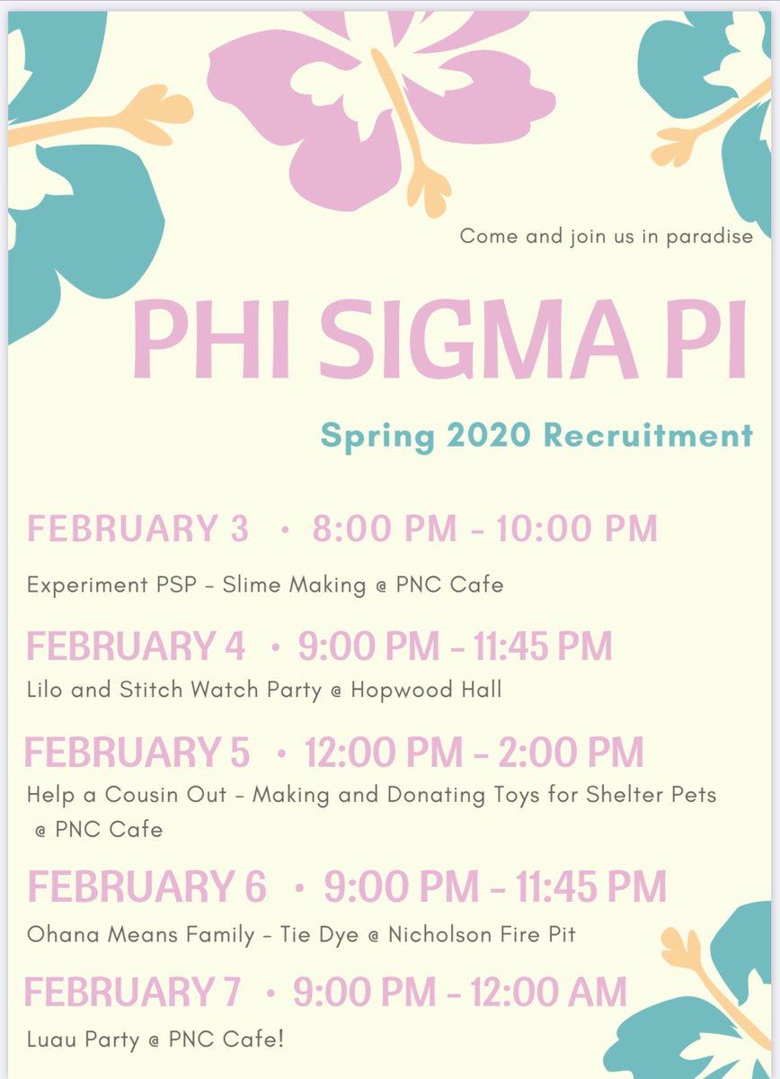 rmuphisigmapi's tweet photo. Aloha RMU! 🌺 Tomorrow @ 8pm we’re kicking off our recruitment week with Experiment PSP: Slime Making in the PNC Caf! Come join in the fun &amp; meet our Ohana too! https://t.co/wU0XdEZBuO