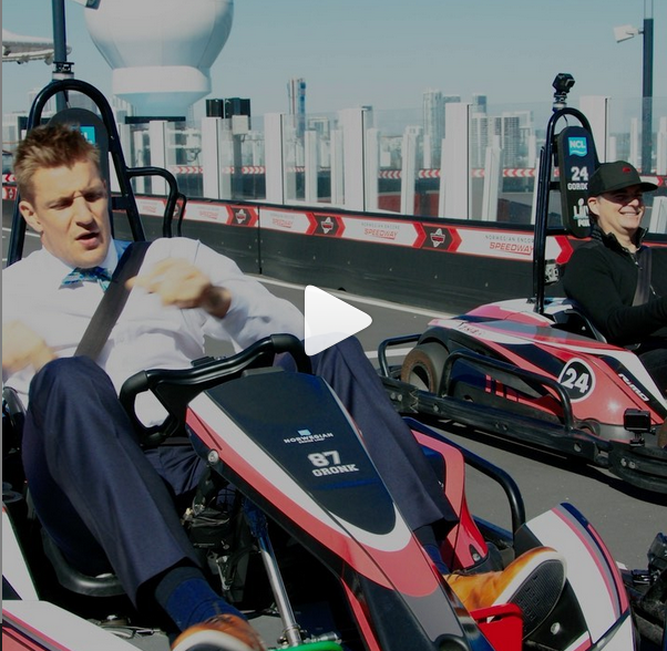 Jeff Gordon and Rob Gronkowski had a 3-lap go-kart race on the deck of <a href="/CruiseNorwegian/">Norwegian Cruise Line</a> Encore as part of the #SuperBowl pre-game. The loser of the 'race' was to come out of retirement. After an incident in the final turn...well.. 😉 VID-> instagram.com/p/B8FMKx2Hpxf #NASCAR #NFL