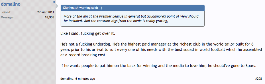 sportingintel's tweet photo. A MCFC supporting friend (sane) just sent me this grab tonight on the loontastic Blue Forum website; a (rare) City fan acknowledging that, maybe, Pep, isn't God. The paranoid delusional mania of MCFC fans under Mansoor is unprecedented in English football. https://t.co/xea1AToCVQ