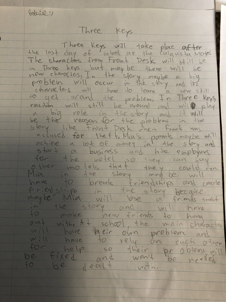 LMeynert's tweet photo. We finished reading Front Desk by @kellyyanghk. Kids loved it and wrote predictions for Three Keys. They can’t wait to see if they are close. Thanks for an inspiring novel! https://t.co/2hevVG0Gir