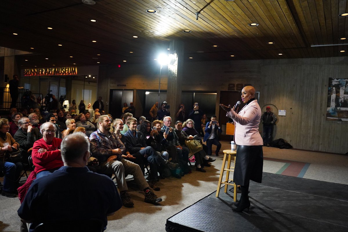 Rep. Ayanna Pressley speaks to a crowd of Elizabeth Warren supporters in Ames, Iowa.