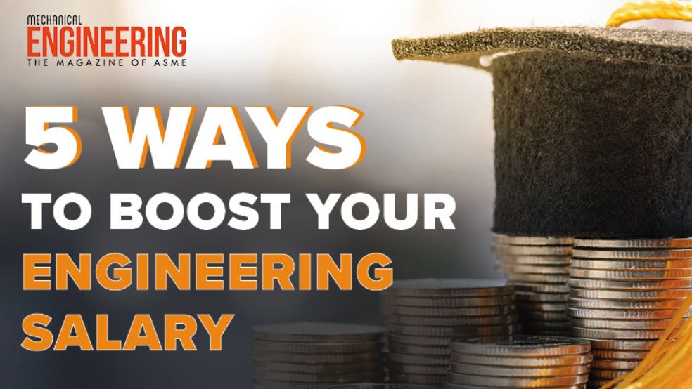 A graphic showing stacks of coins and a graduation cap. Text: "5 Ways to Boost Your Engineering Salary"